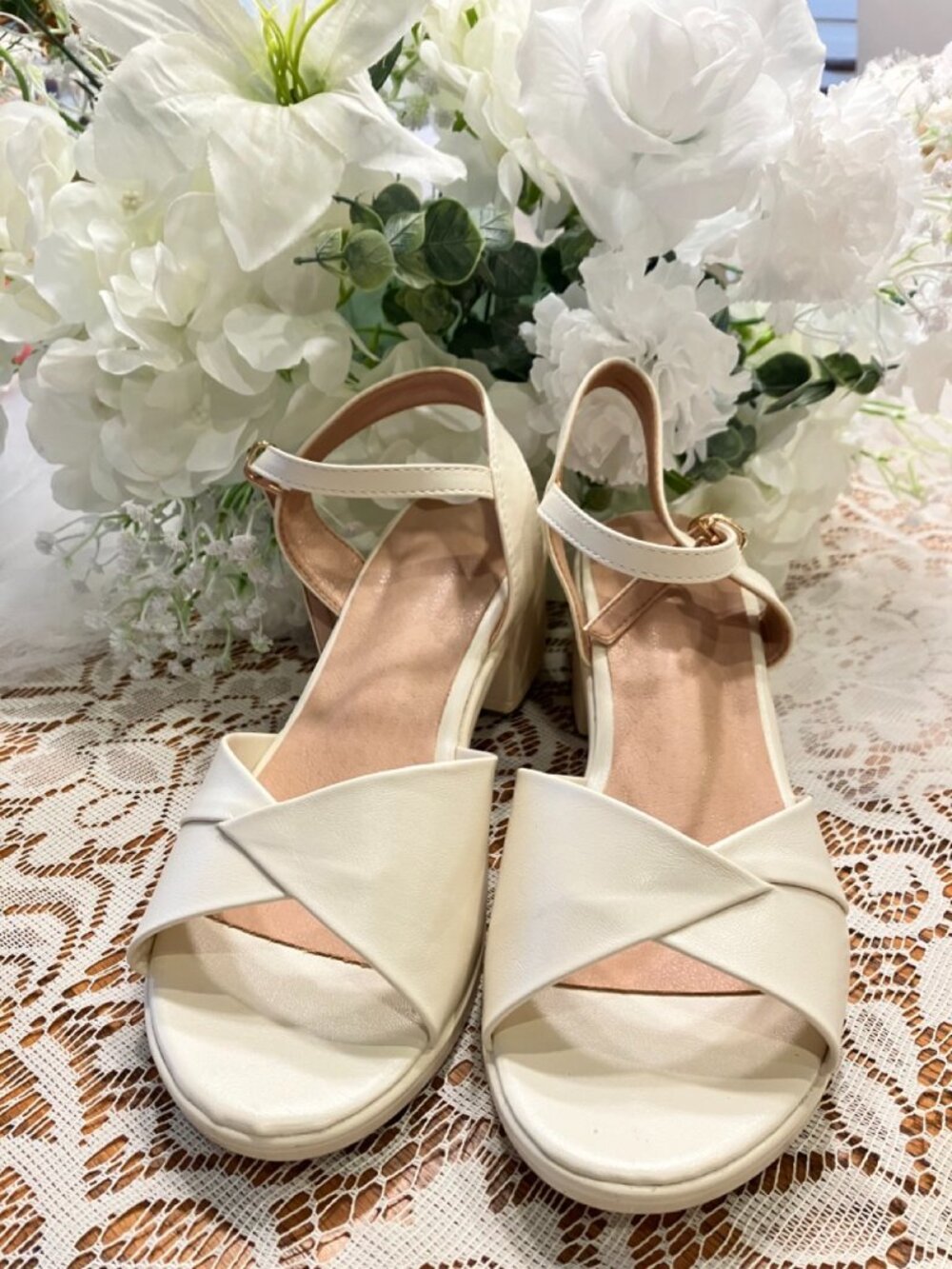 Cream Block Heel Ankle Strap Sandals